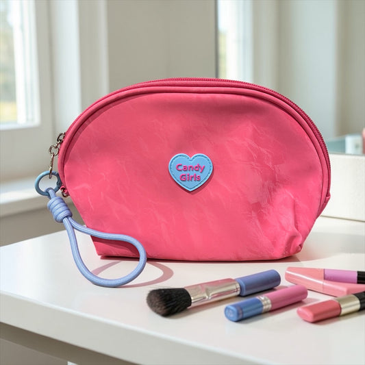 Candy Girls Pink Makeup Pouch – Cute Cosmetic Organizer Bag with Wrist Strap