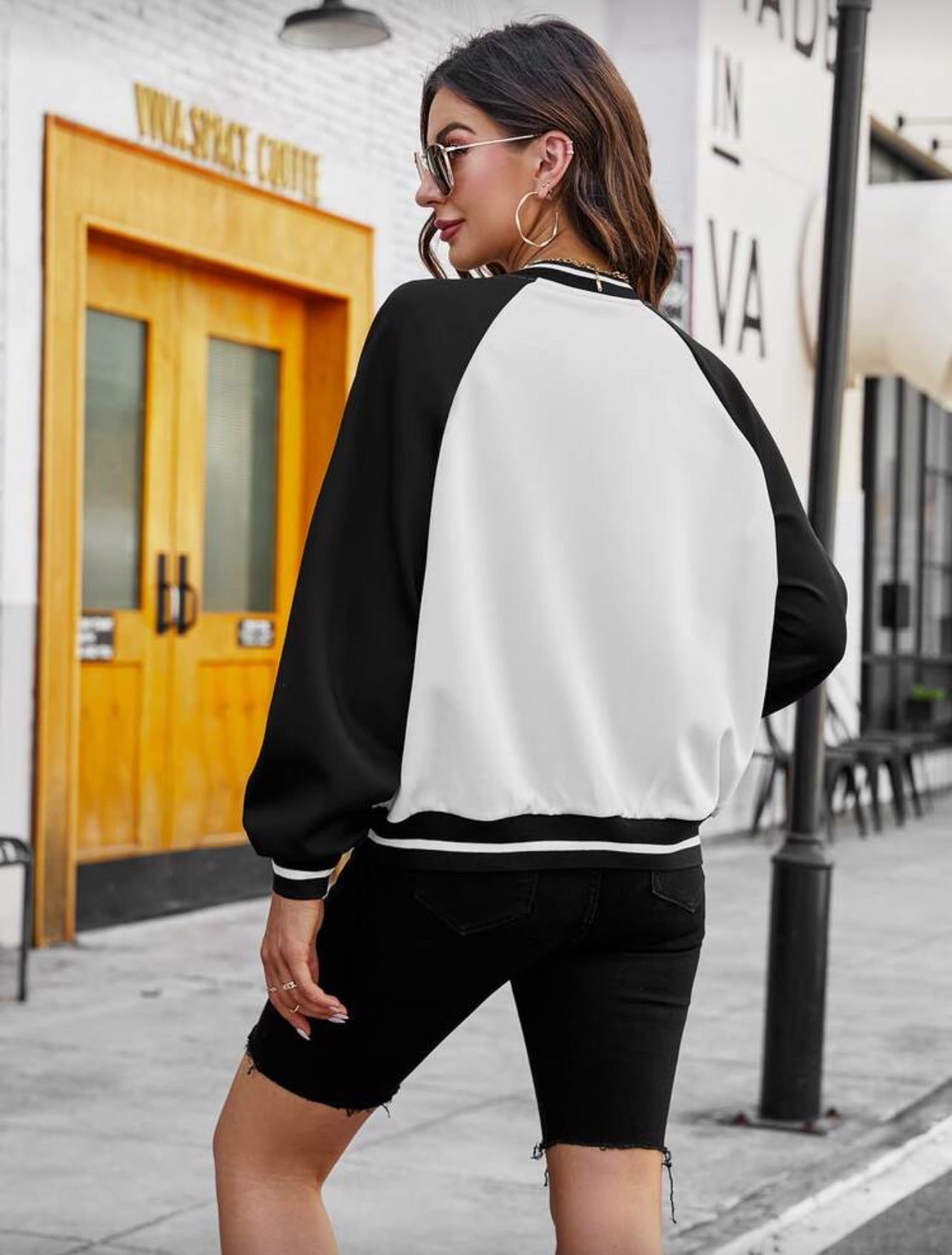 SHEIN EZwear Letter Graphic Striped Trim Colorblock Raglan Sleeve Varsity Jacket - M