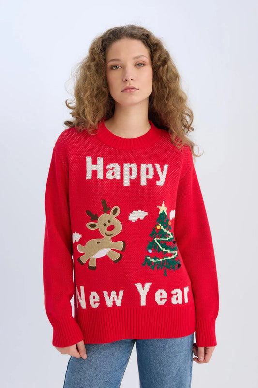 DeFacto Girls’ Christmas-Themed Oversized Knit Sweater – Red - Medium