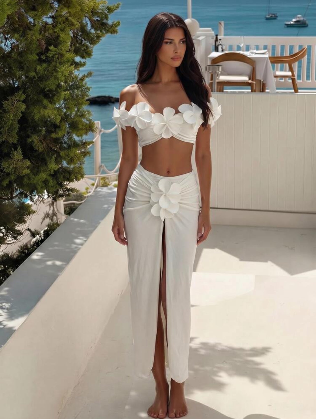 Bonvoyette Women's Summer Beach Vacation 3D Floral Decor One-Shoulder Bikini Set, Elegant White Three Pieces Swimwear Set