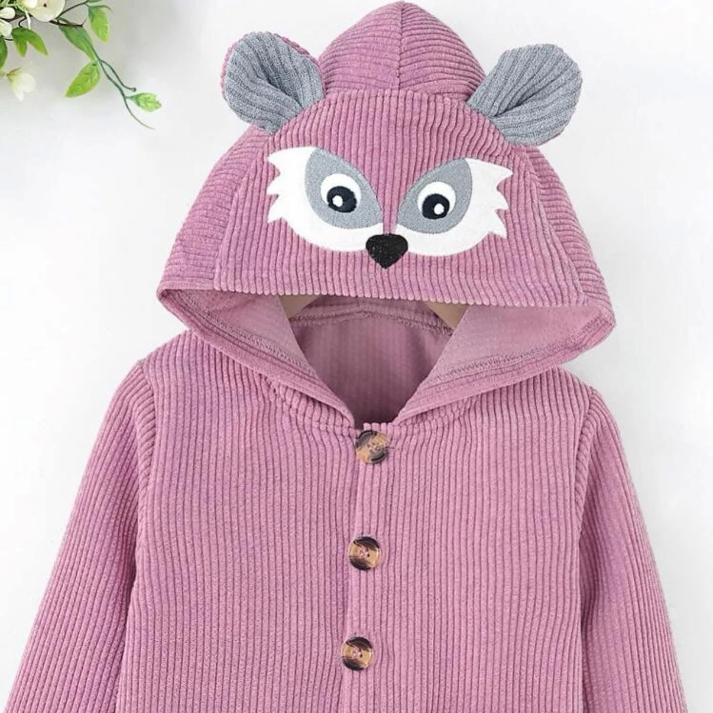 Last Piece! Toddler Girls 3D Ear Animal Embroidery Pocket Front Corduroy Coat - 5Y