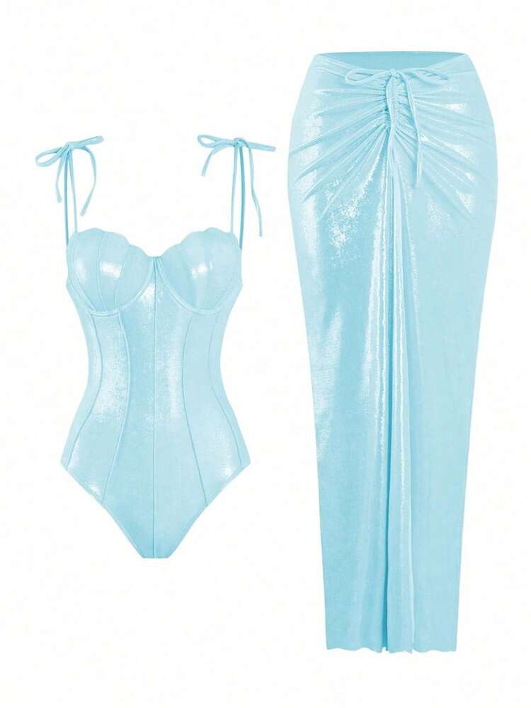 Swim Oasis 2pcs/Set Summer New Shiny Material Shell Decoration Push-Up Women's One-Piece Swimsuit,Pink,70s Retro,Beach Vacation,Holiday,Party,Holiday Bow