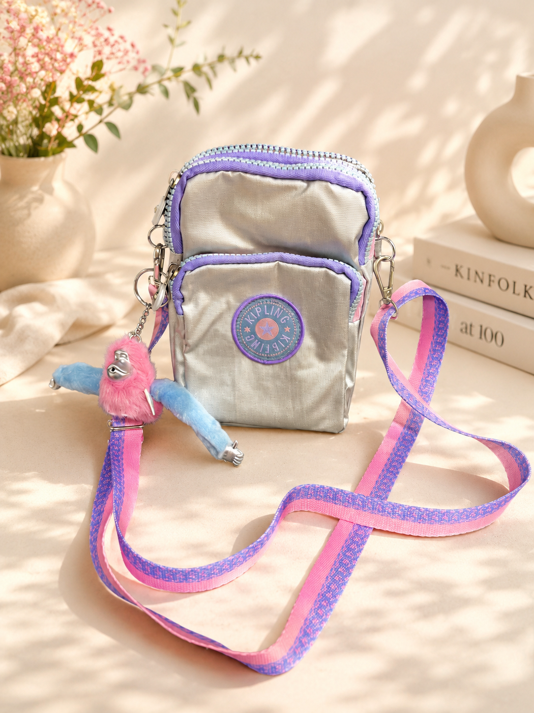 3-Zipper Crossbody Bag with Cute Monkey Charm – Pink & Lavender