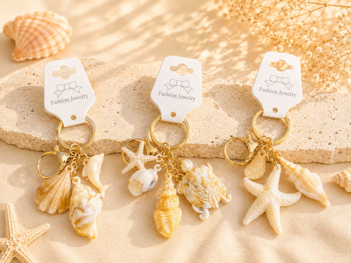 Beach-Inspired Seashell Charm Keychain – Gold Ocean-Themed Keyring