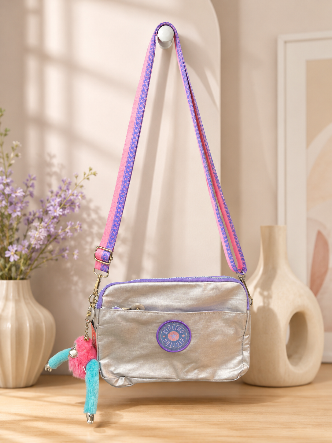 Metallic Crossbody Bag with 4 Zipper Compa