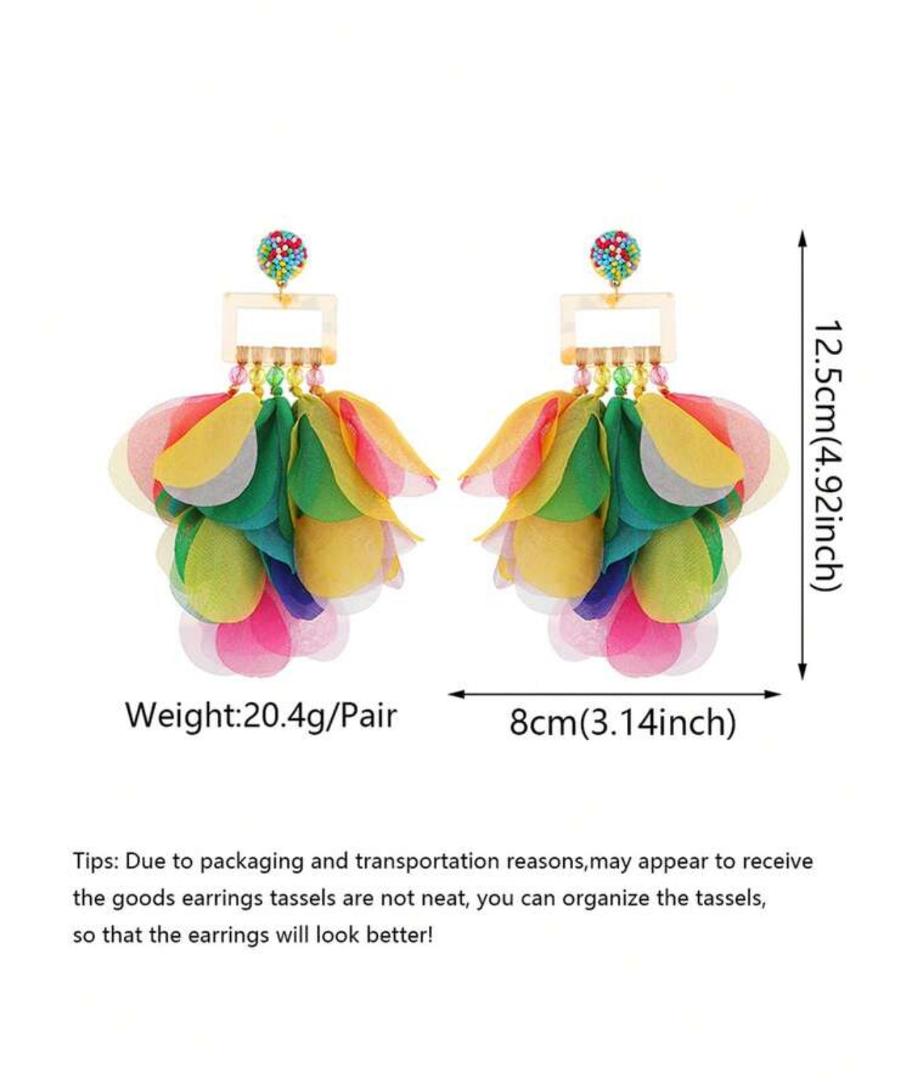 1 Pair Bohemian Style Colorful Chiffon Petal Tassel Earrings, Handmade, Suitable For Women, Fit For Party, Ball, Beach Holiday