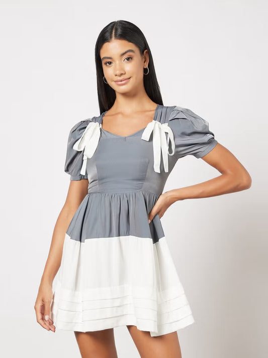 Casual Polyester Puff Short Sleeve Mini Colourblock Dress Flared Hem With  Square Neck Summer Dress - Large