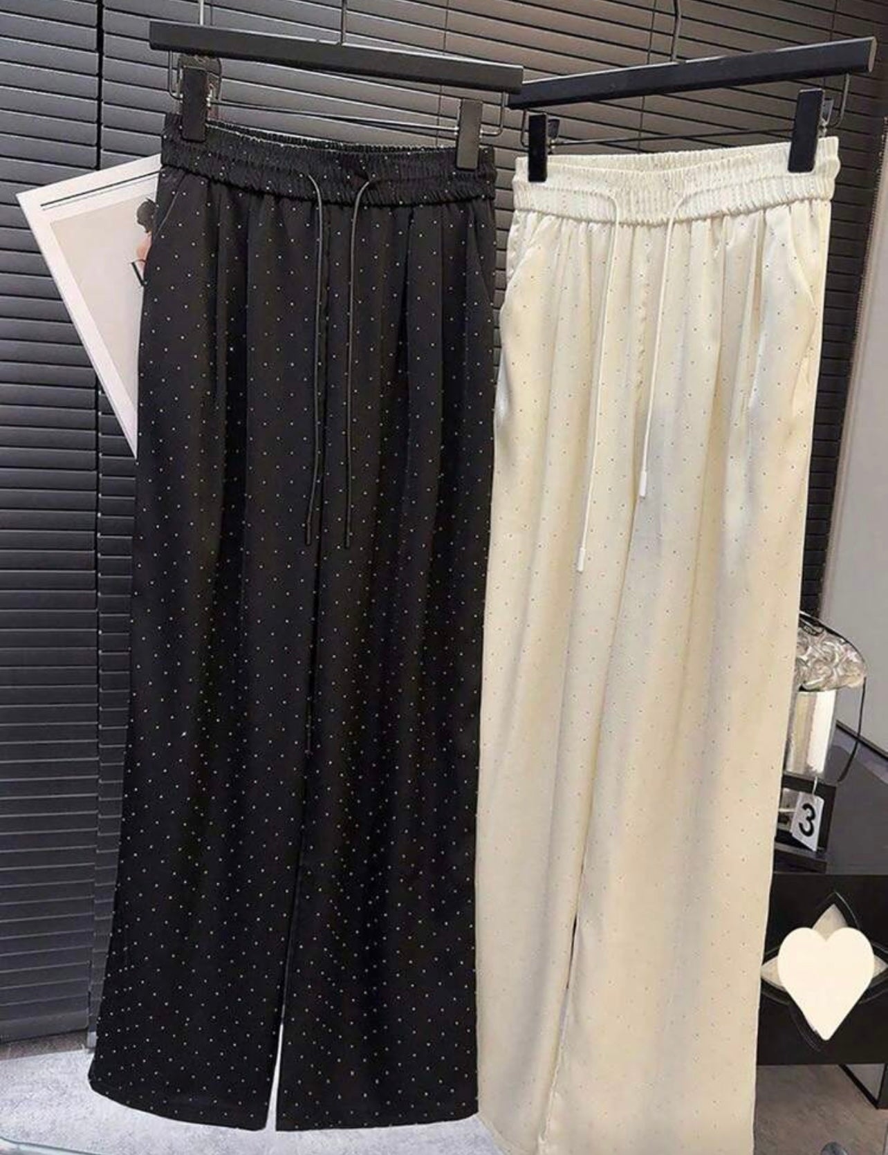 Franclia 1pc Ladies High Waist Rhinestone Satin Elastic Waist Drawstring Loose Straight Leg Pants Fall Cloth For Women - Medium