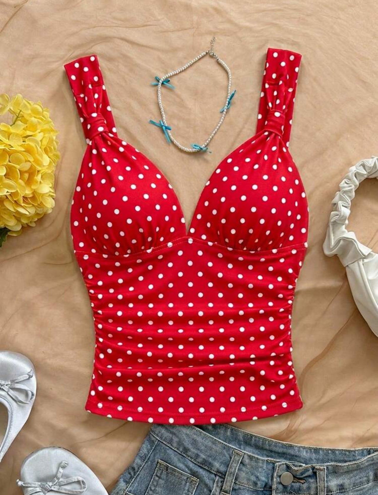 Soleia Women's Elegant Red And White Polka Dot Slim Fit Camisole,Summmer Retro Vintage 70s Twist Strap Ruched Knit Top,Vacation Boho Beach Cruise Outfit - S,M