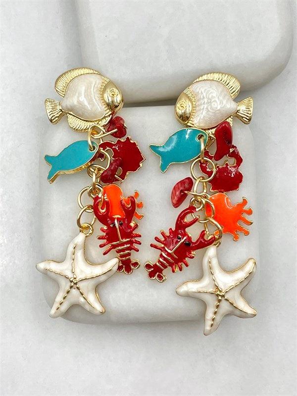 Ocean Charm Fish Drop Earrings – Gold Statement Earrings