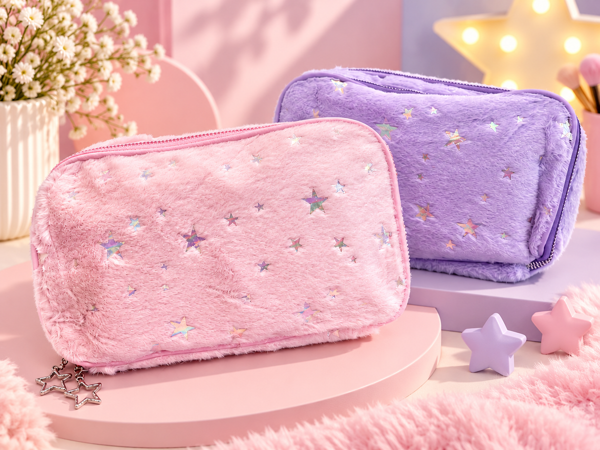 Fuzzy Star Print Double Compartment Pencil Case – Pink & Lavender
