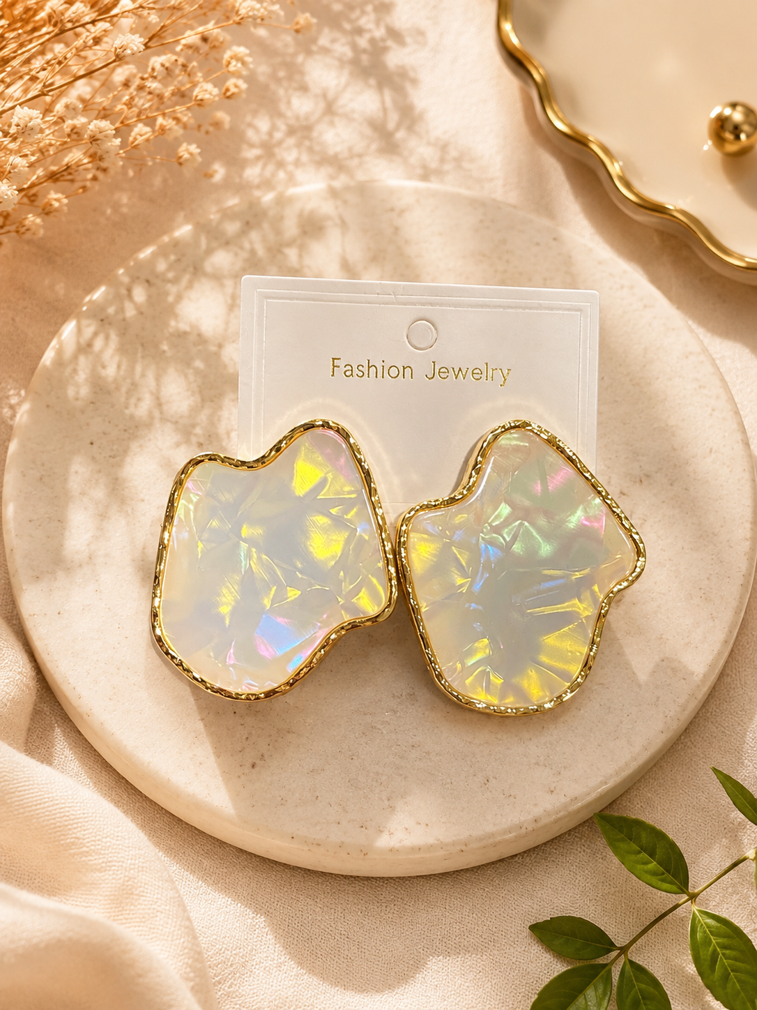Iridescent Pearl Statement Earrings – Gold Trim Geometric Stud Earrings