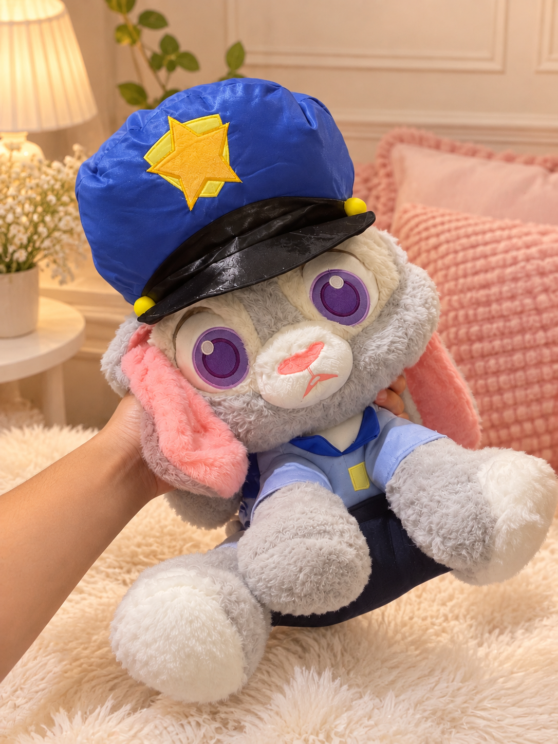 Cute Bunny Police Officer Plush Toy – Soft Grey & Pink Stuffed Animal