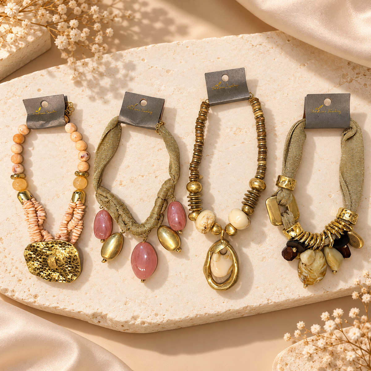 Elegant Statement Necklace – Gold & Beige Beaded Pendant Necklace