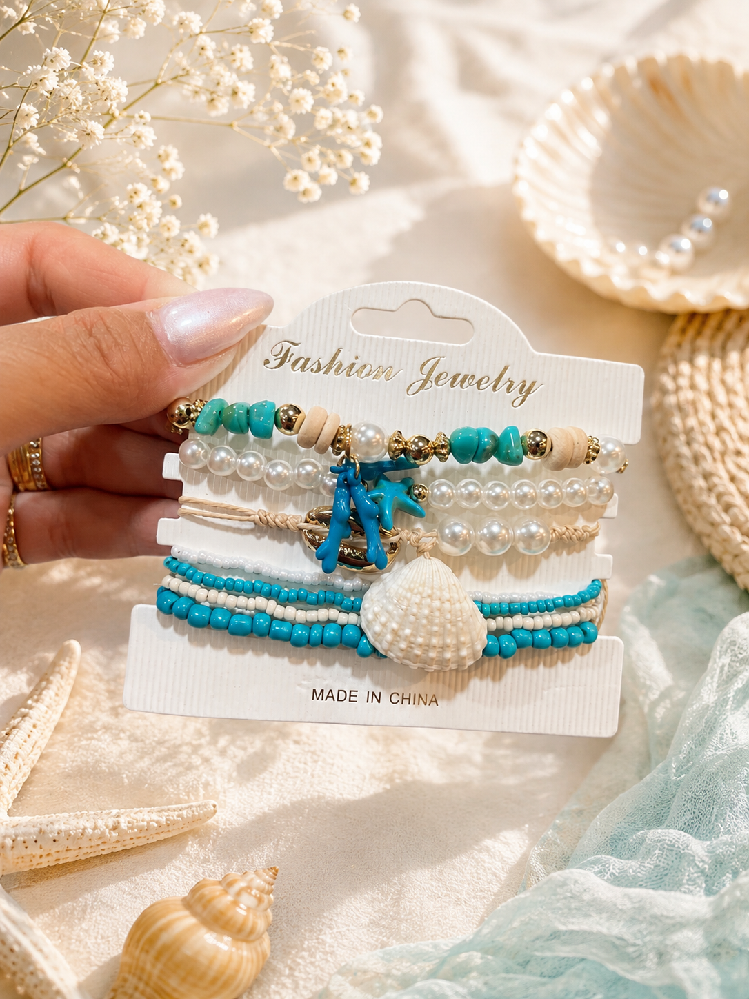 Boho Beach Pearl & Turquoise Layered Bracelet Set
