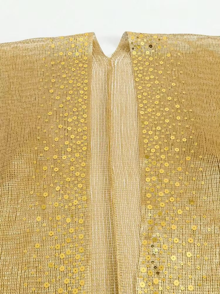 Sirith New Gold Sequins Fringe Flare Sleeve Kimono Cardigans, Women Summer Vacation Beach Cover-Up, Festival Boho Wear