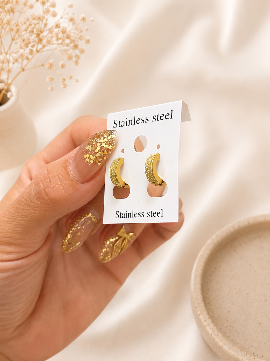 Stainless Steel Gold Glitter Huggie Hoop Earrings | Minimal Everyday Hoops