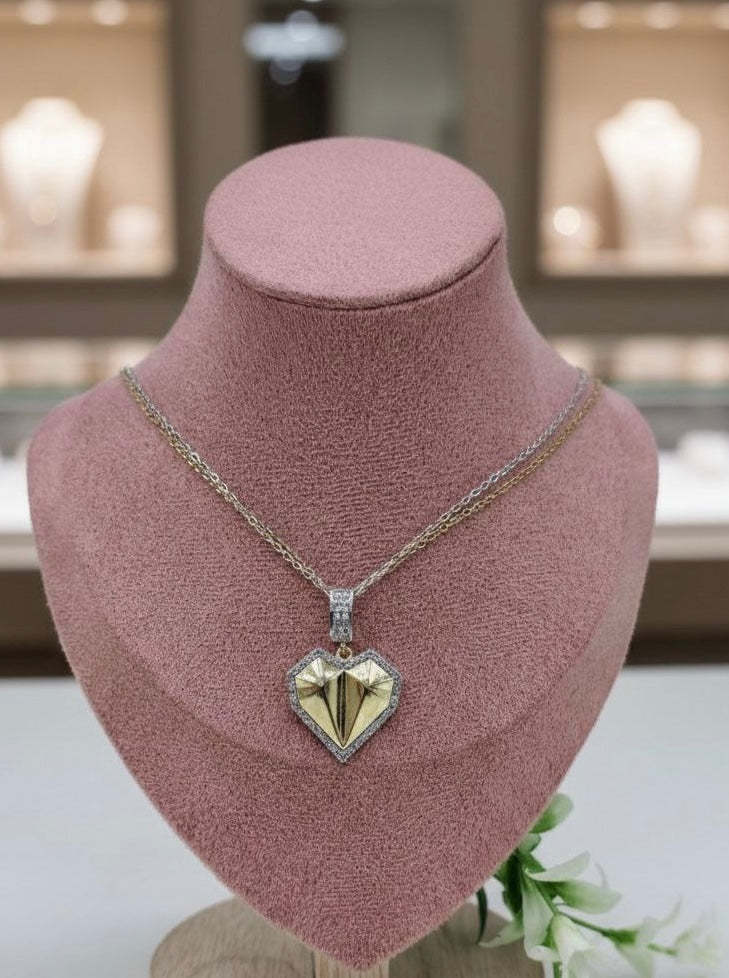 Geometric Heart Pendant Necklace – Stainless Steel Gold & Silver Tone Crystal Heart Necklace