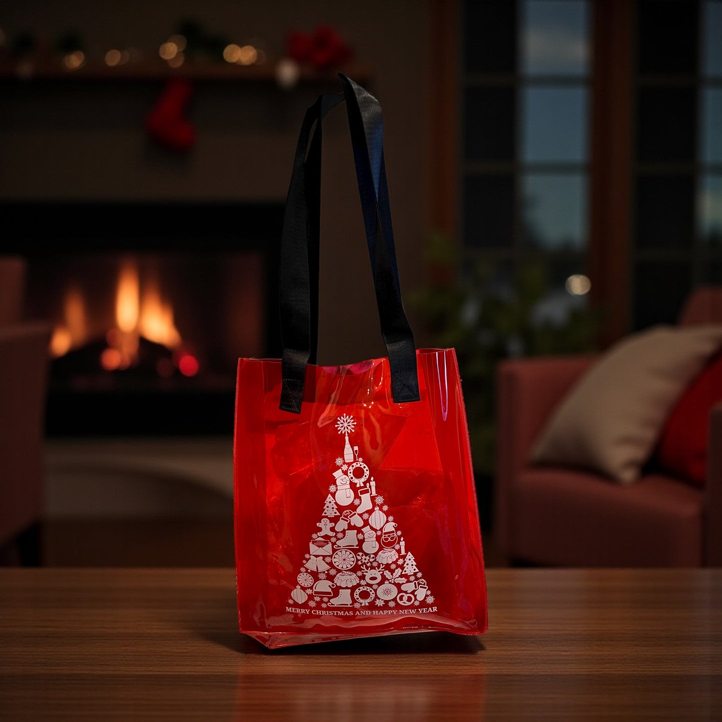 Red Christmas Transparent Tote Bag with Tree Print & Black Handles