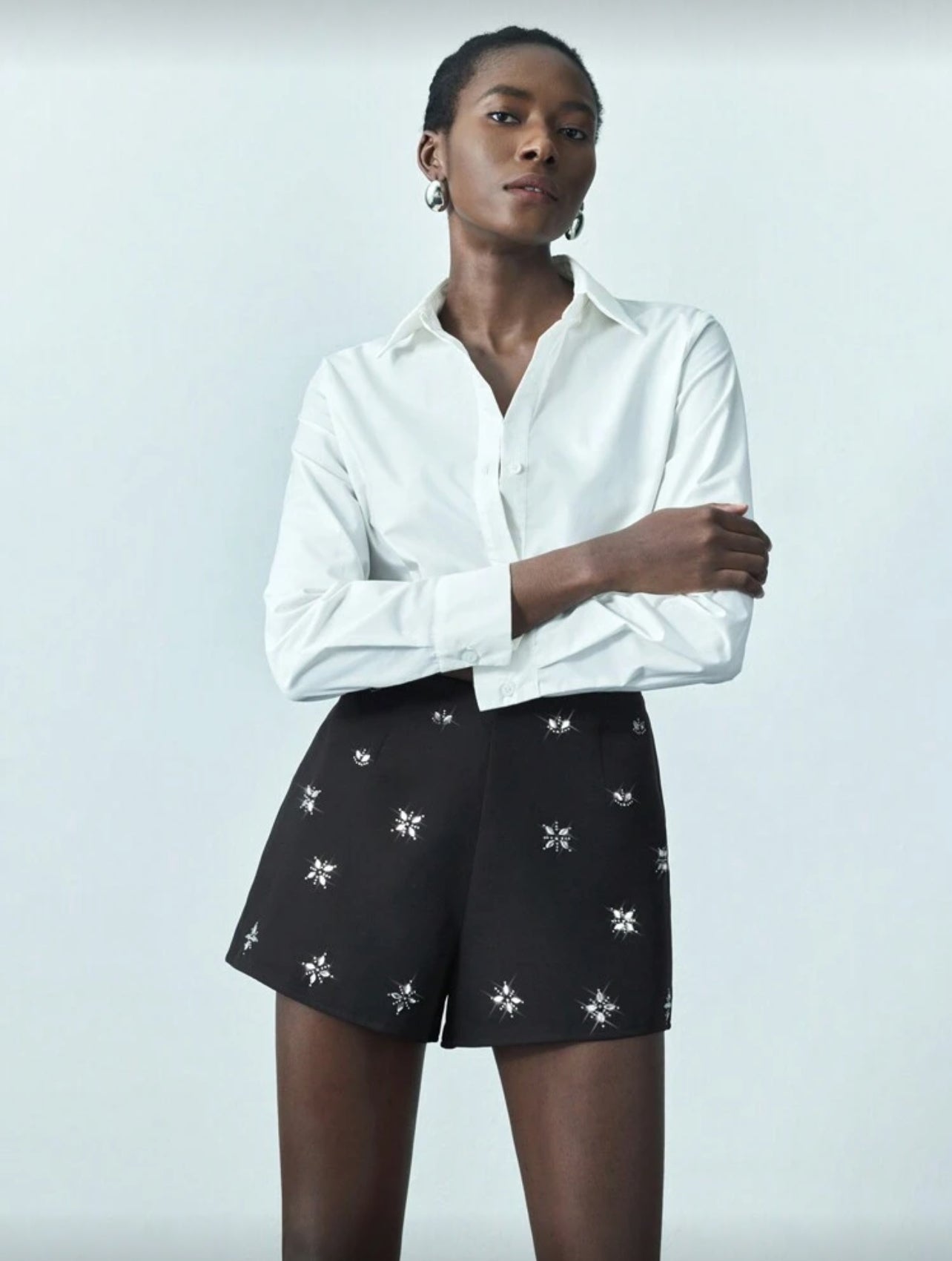 Shein Maija Women's Black Rhinestone Design Modern Urban Versatile High Waist A-Line Shorts - XL