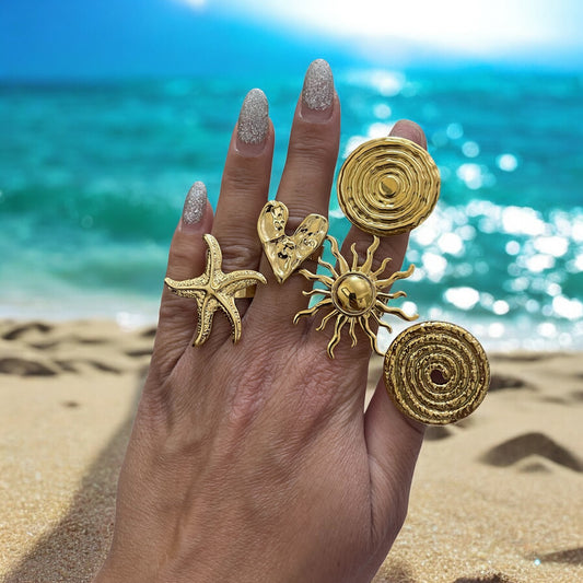 Uworld Ocean Vacation Style 18k Gold Color Plated Stainless Steel Sea Star Conch Shell Ring Waterproof Stackable Ring Women's Ac