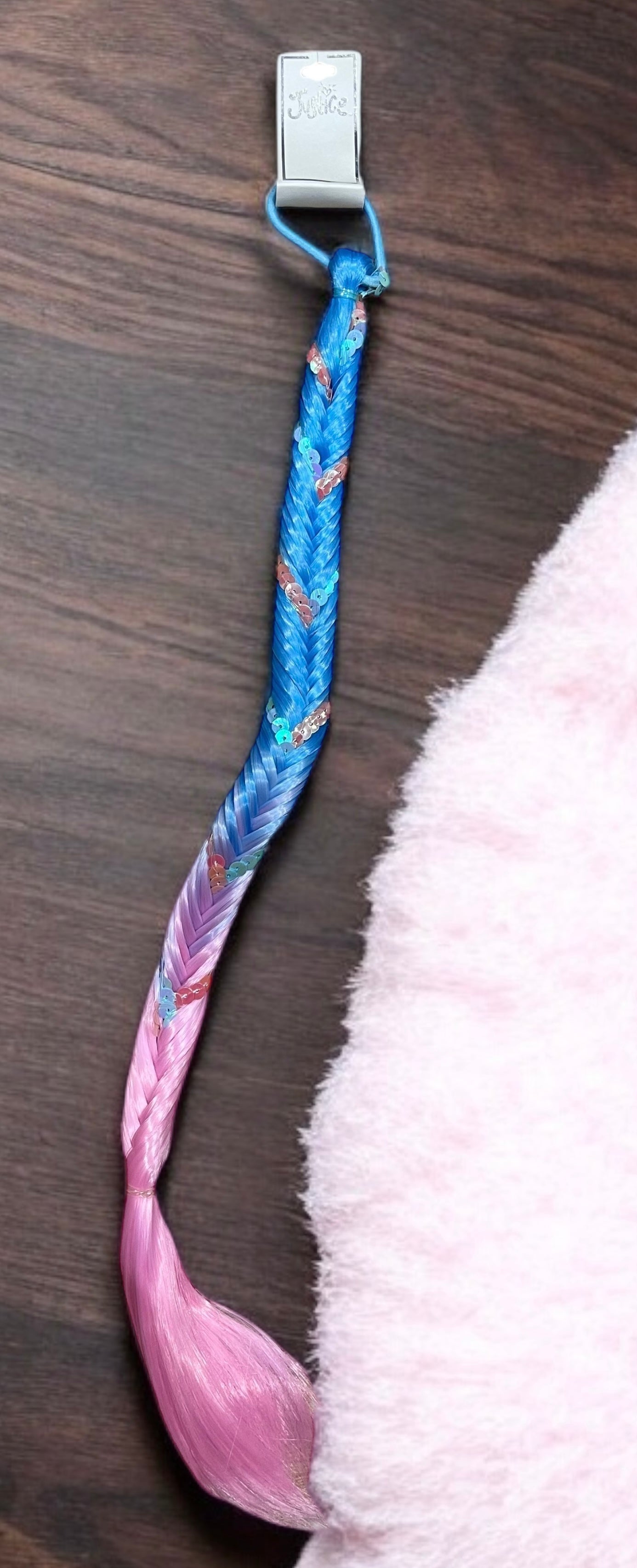 2Pcs Justice Blue Pink Sequin Faux Hair Piece Ponytail Braid Halloween Costume Birthday Advertise