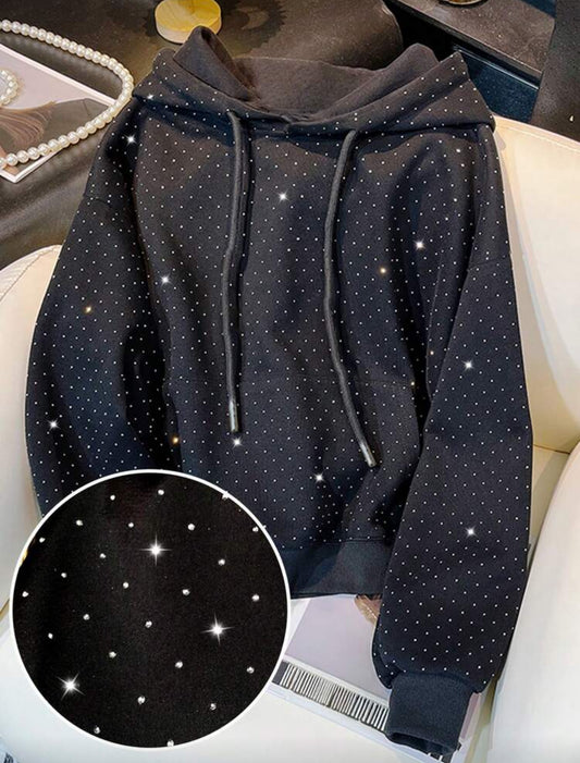 Resyla Sparkly Rhinestone Embellished Women's Regular Hooded Long Sleeve Sweatshirt, Autumn/Winter - Medium