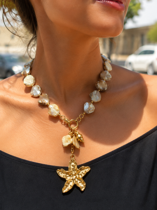 Coastal Pearl & Starfish Statement Necklace – Gold Stainless Steel
