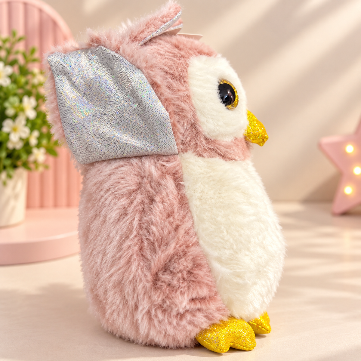 Pink Plush Owl Soft Toy with Glittery Gold Details – 27 × 15 cm