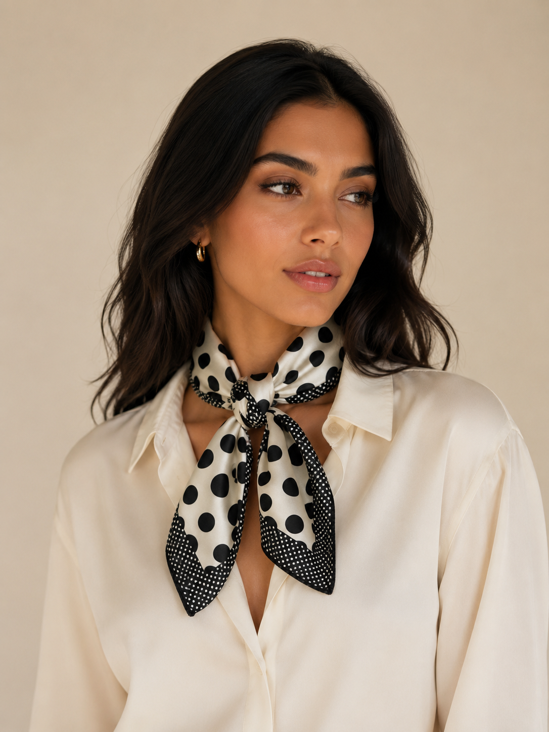 Black & White Polka Dot Satin Square Scarf – 50 × 50 cm | Elegant Neck & Hair Scarf