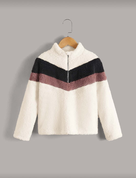 SHEIN Girls Color Block Half Zipper Flannel Pullover - 11Years