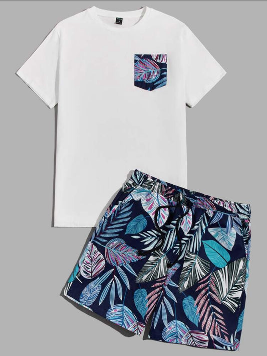 Manfinity ModaGents Men Pocket Front Tee & Tropical Print Shorts Set - XL