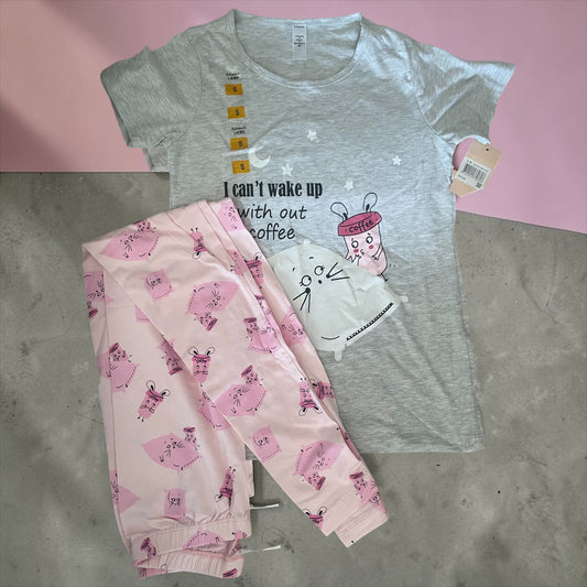 Women’s Cute Coffee Print Pajama Set – Grey T-Shirt & Pink Printed Pants - S