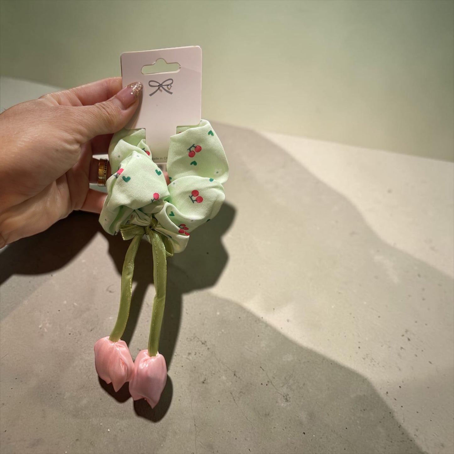 Cherry Blossom Scrunchie with Tulip Tassels – Cute Floral Hair Tie