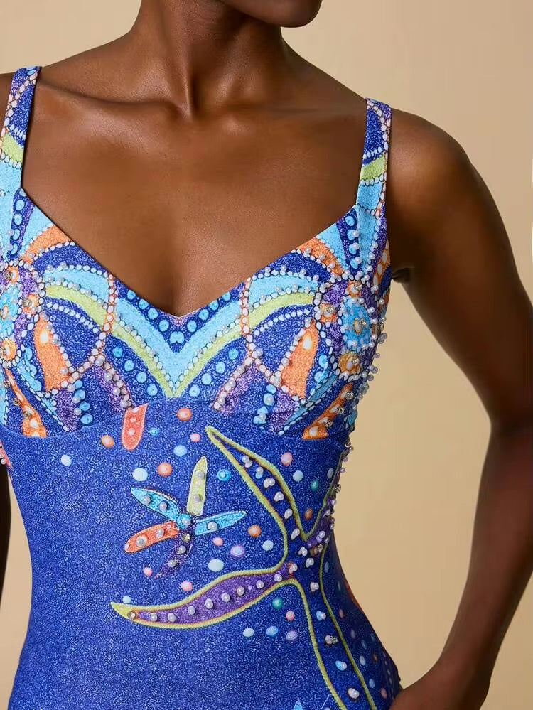 Bonvoyette 1pc Women's All-Over Print Baby Blue One-Piece Swimsuit,Summer Boho Beaded Starfish Sparkly Bathing Suit,Full Coverage Beach Vacation Holiday Holiday