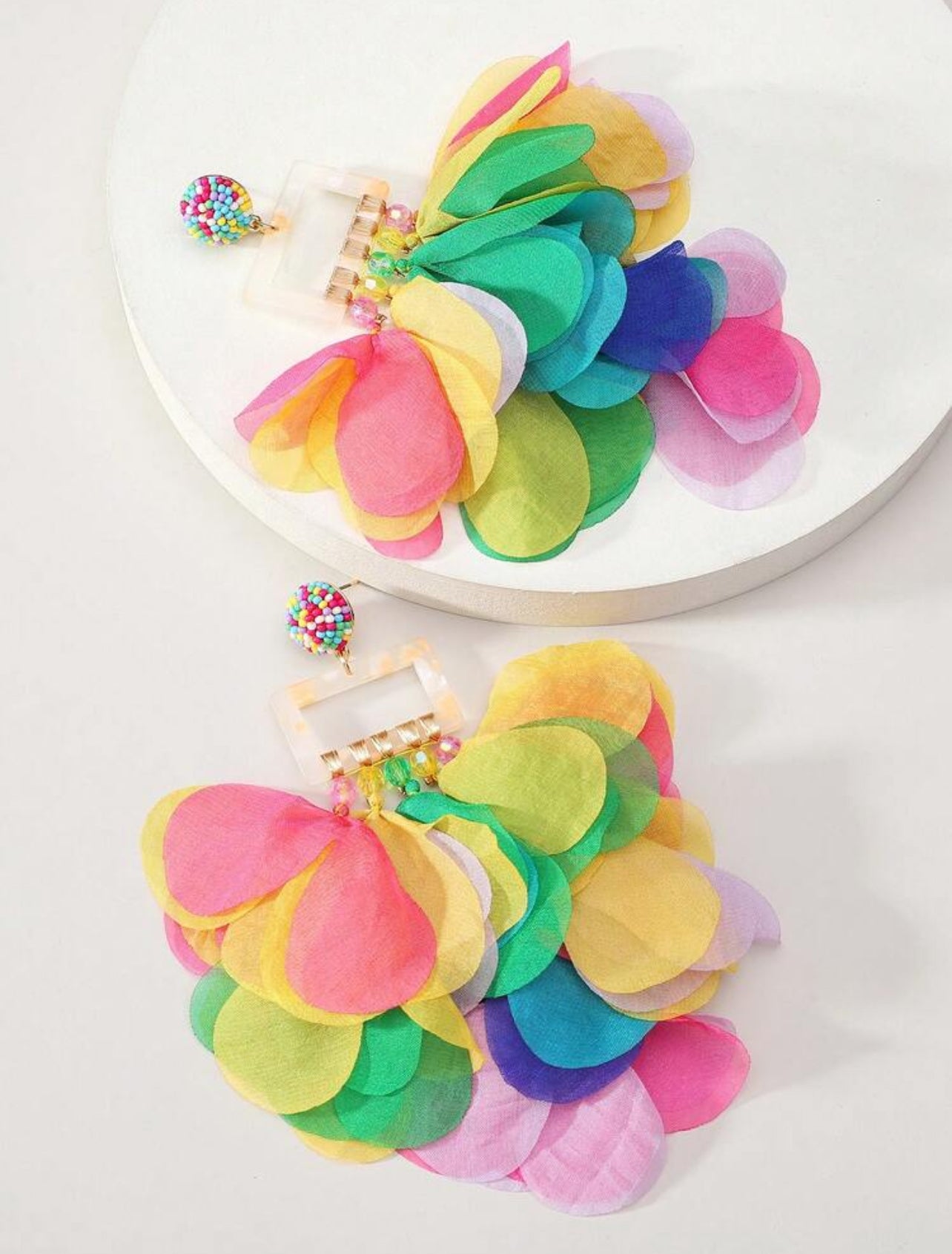 1 Pair Bohemian Style Colorful Chiffon Petal Tassel Earrings, Handmade, Suitable For Women, Fit For Party, Ball, Beach Holiday