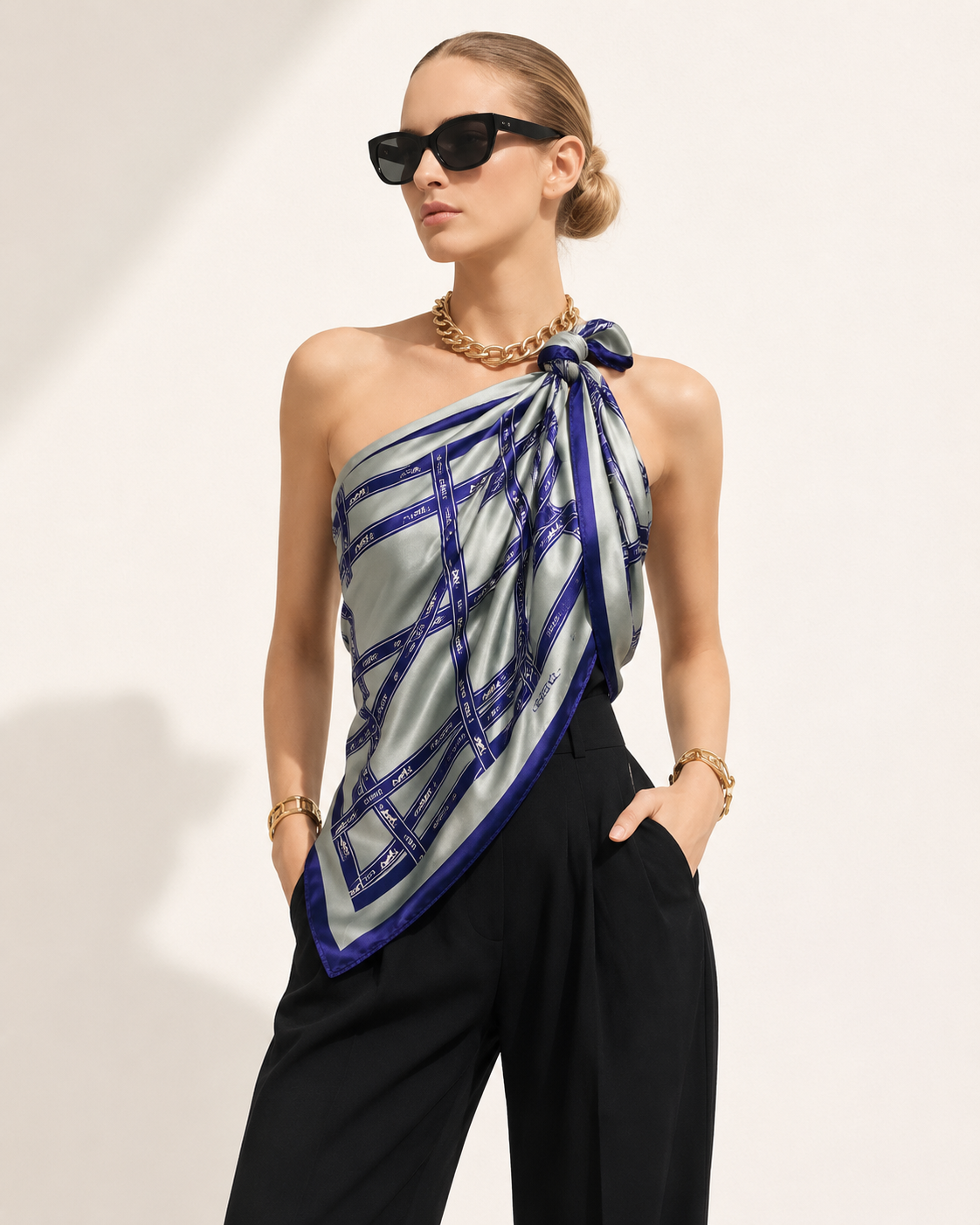 Luxury Satin Square Scarf – Blue & Silver Ribbon Print | Soft Silk Feel | Multi-Way Styling