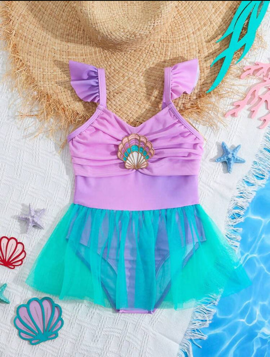Young Girls' One-Piece Swimsuit With Seashell Decor & Mesh Splicing Front -4Y