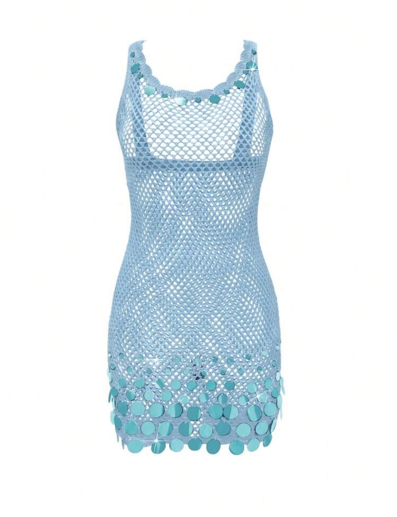 2026 New Arrival Women's Sexy Sequin Design Spaghetti Strap Hollow Sheer Beach Vacation Sleeveless Cover Up Mini Dress Summer - S,M