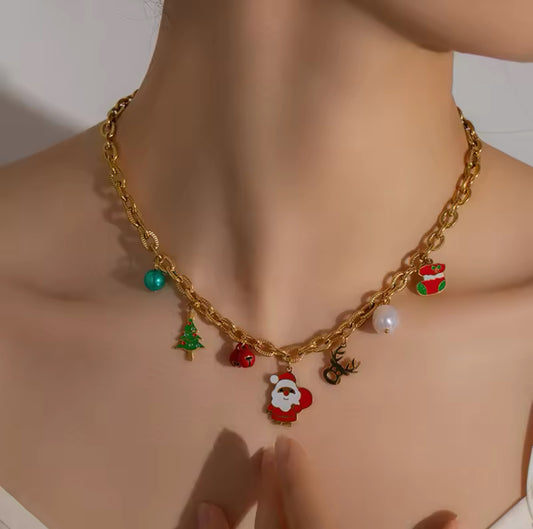 316L Stainless Steel Santa Reindeer P.endant Necklace For Women Fashion Dangle Neck Chain Jewelry Lady Christmas Gifts