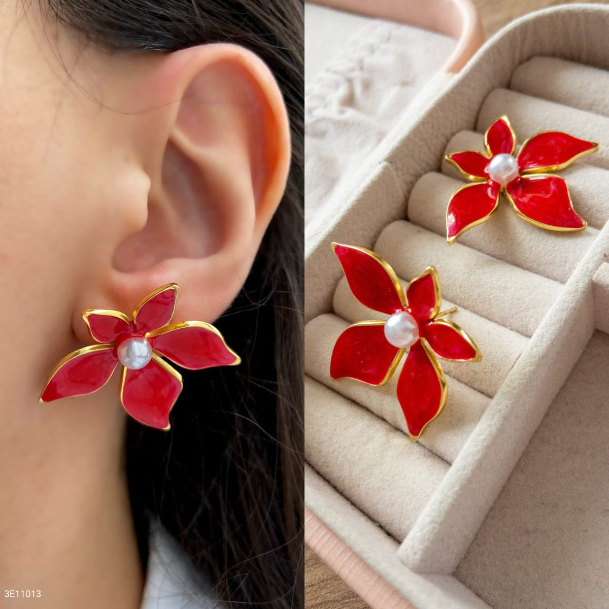 Red Flower Pearl Stud Earrings – Christmas Holiday Jewelry