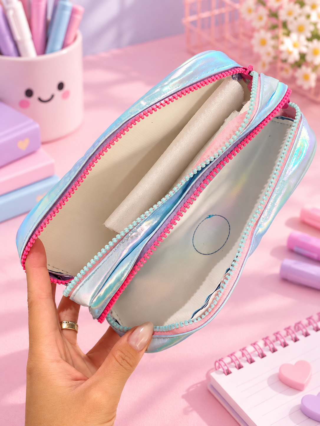 Holographic Double-Zip Pencil Case – Iridescent Pink & Blue