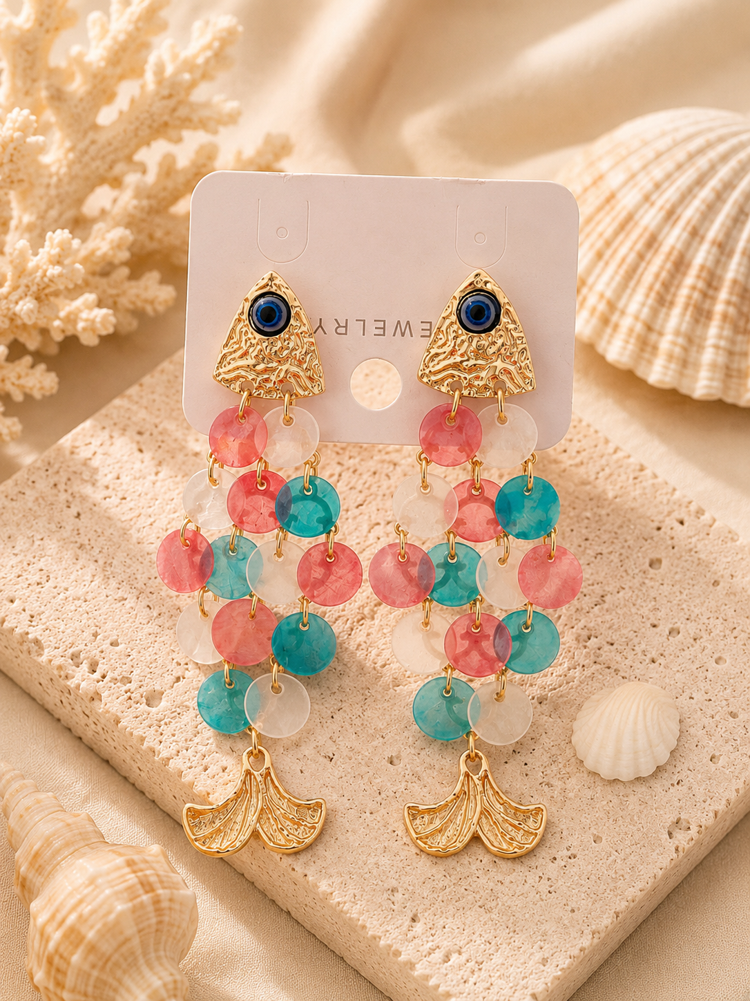 Mermaid Disc Tassel Earrings with Evil Eye Stud – Gold Statement Earrings