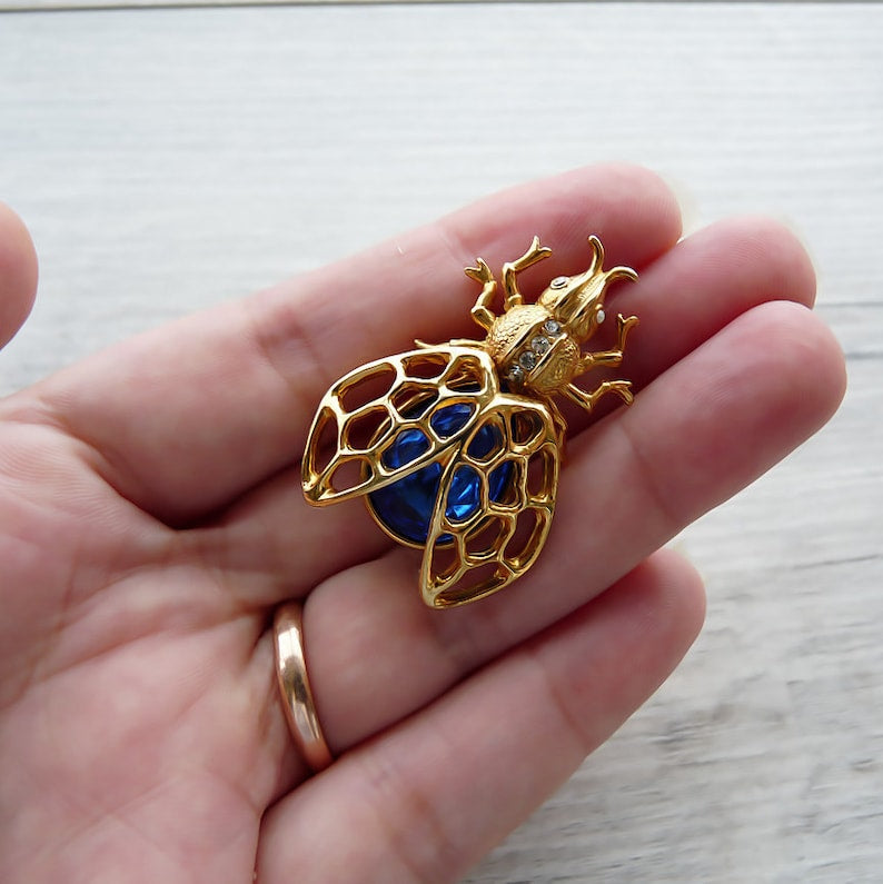 Vintage Art Deco Fly Brooch Gold Insect Pin Blue Crystal Costume Jewelry