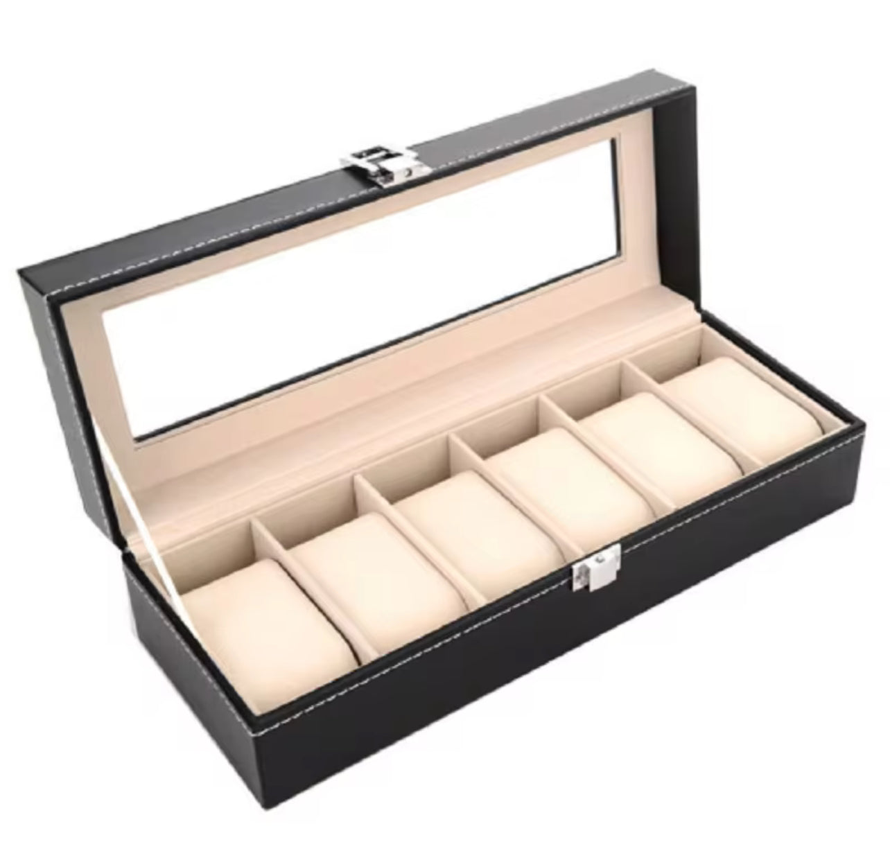 WellZone Classic 6 Positions Watch Box With Transparent Glass Top PU Leather Six Slots Watch Storage Case For Holiday Gift