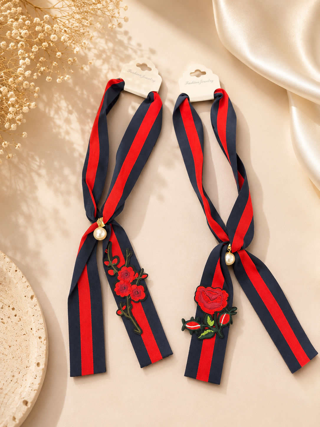 Navy & Red Striped Floral Embroidered Ribbon Scarf