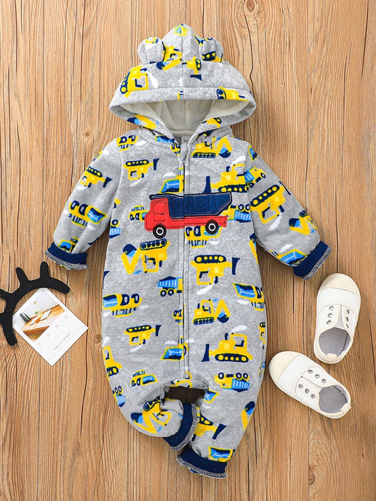 SHEIN Baby Cartoon Excavator Pattern 3D Ear Design Hooded Flannel Jumpsuit - 9M