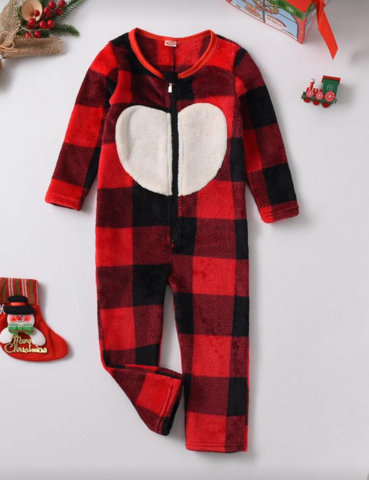 SHEIN Girls Buffalo Plaid Zipper Flannel Sleep Jumpsuit -1Y