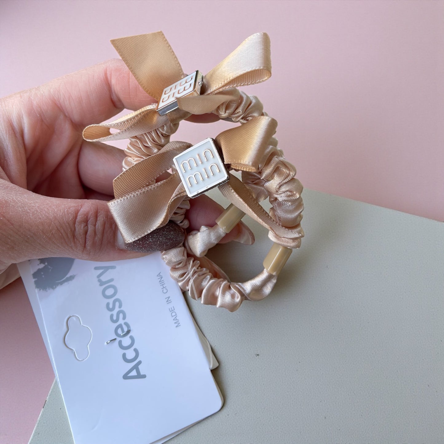 Luxury Satin Bow Scrunchies Set – Soft Elegant Hair Ties in Neutral Tones