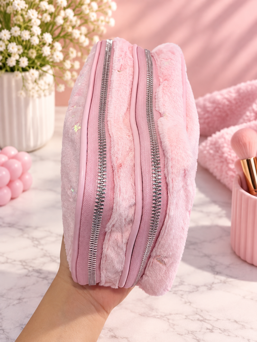 Fuzzy Star Print Double Compartment Pencil Case – Pink & Lavender